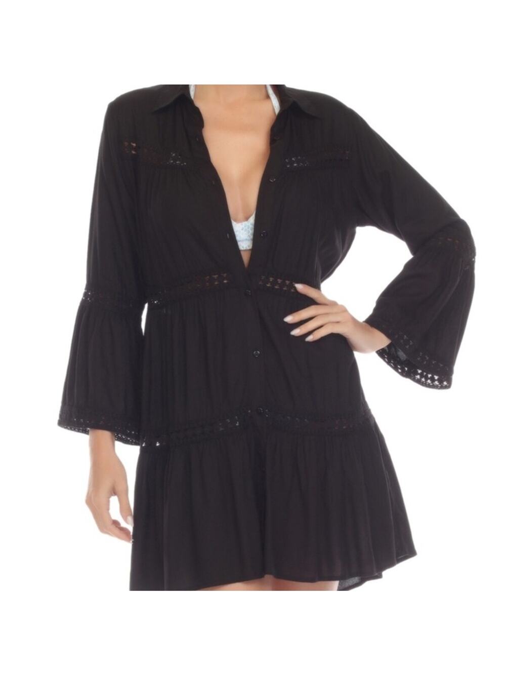 Raviya Lace Inset Button Front Black Cover Up dress black - XS